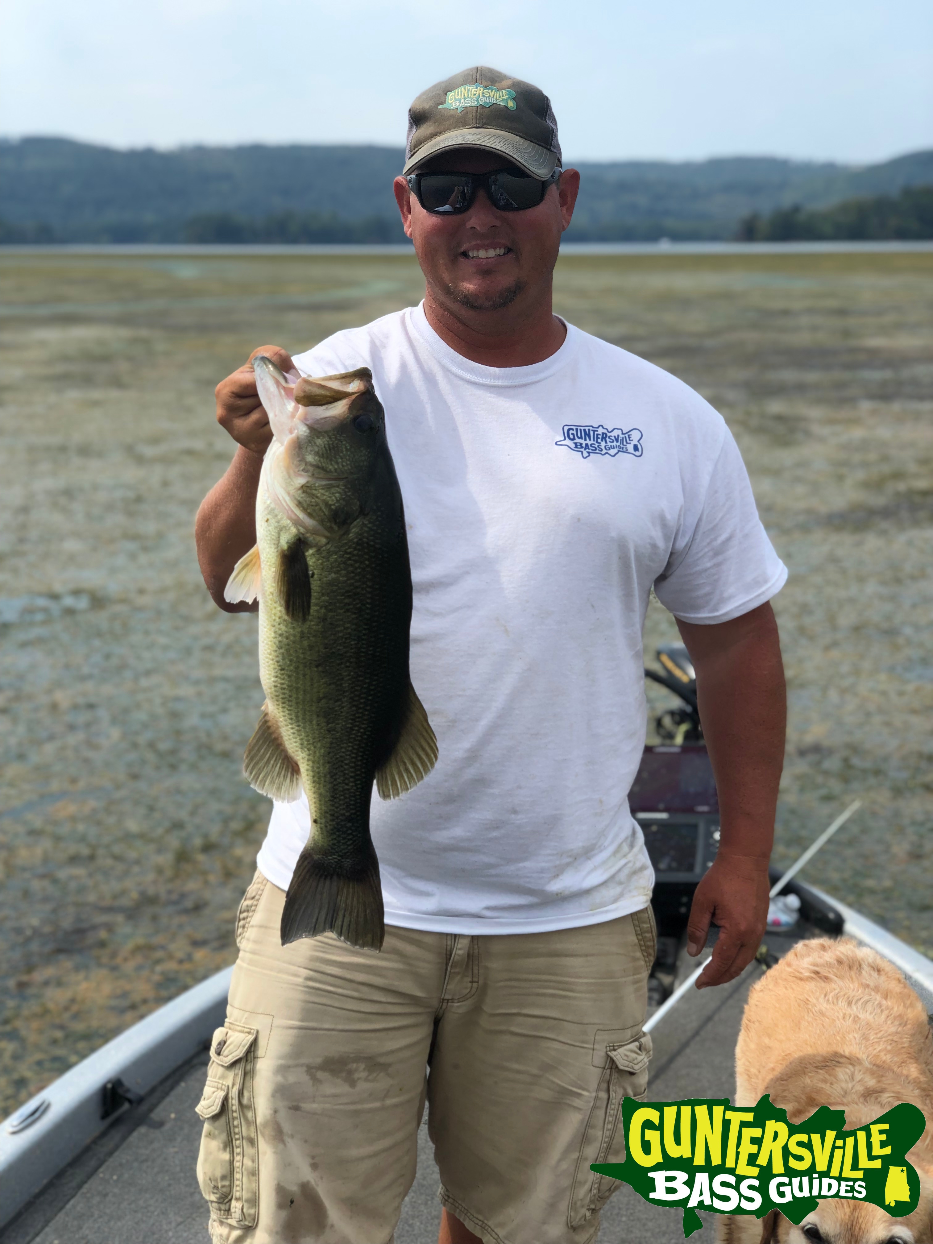 Lake Guntersville bass with a large fall grass mat in the background