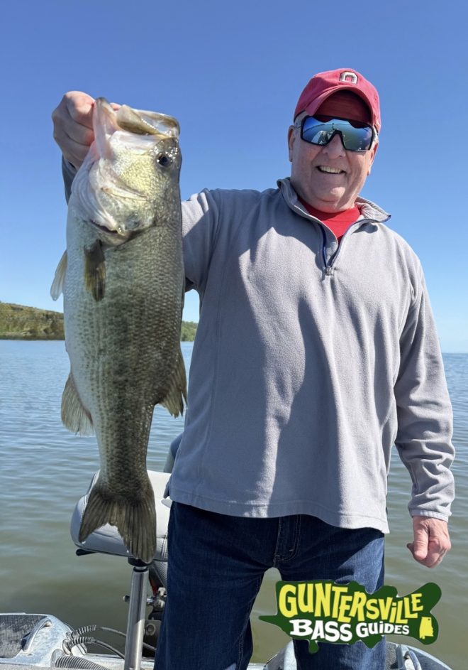 Angler with a big bass from lake Guntersvile while fishing during the spring time with guntersville bass guides
