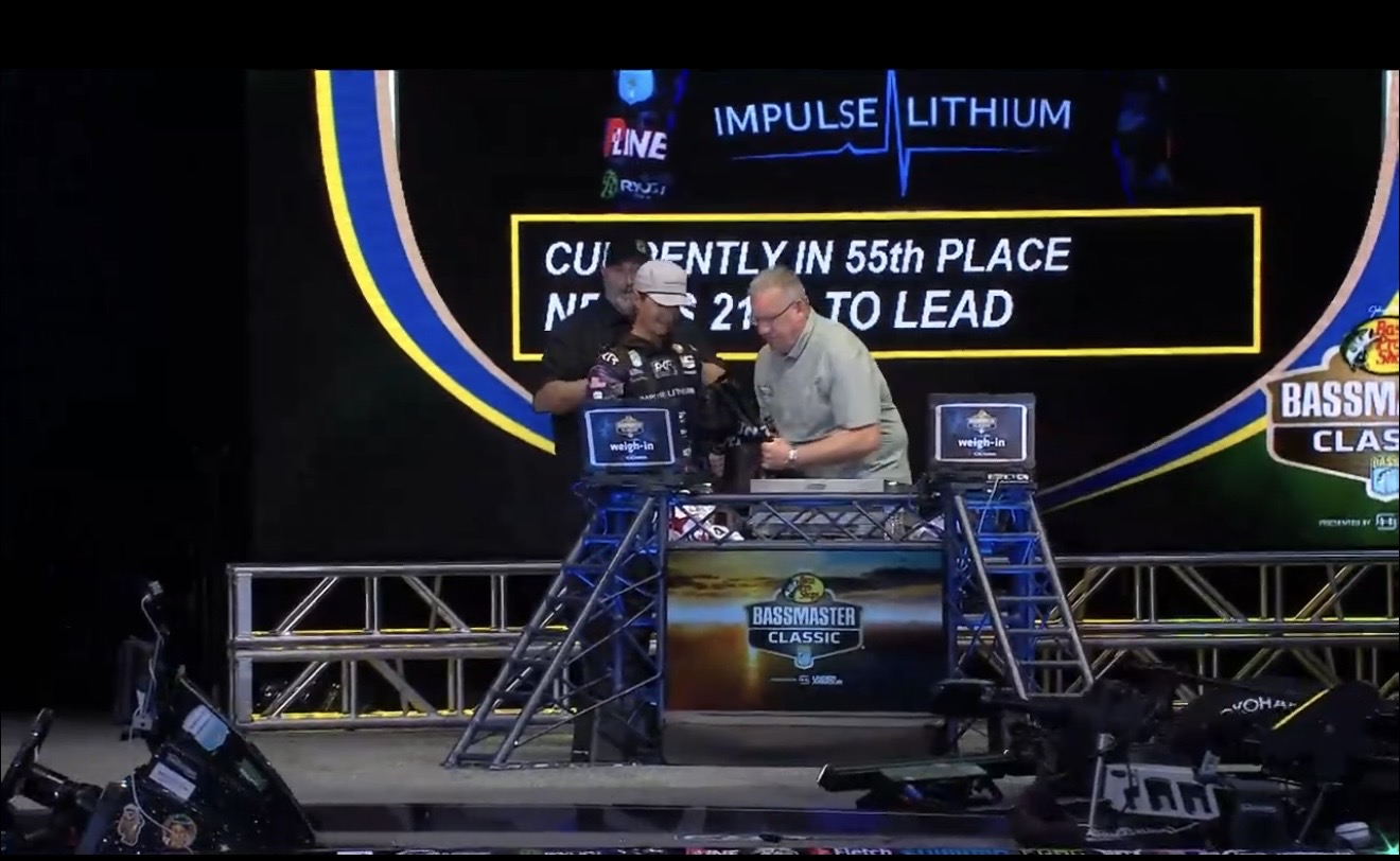 Tucker Smith on stage during day one weigh in at the Bassmaster Classic