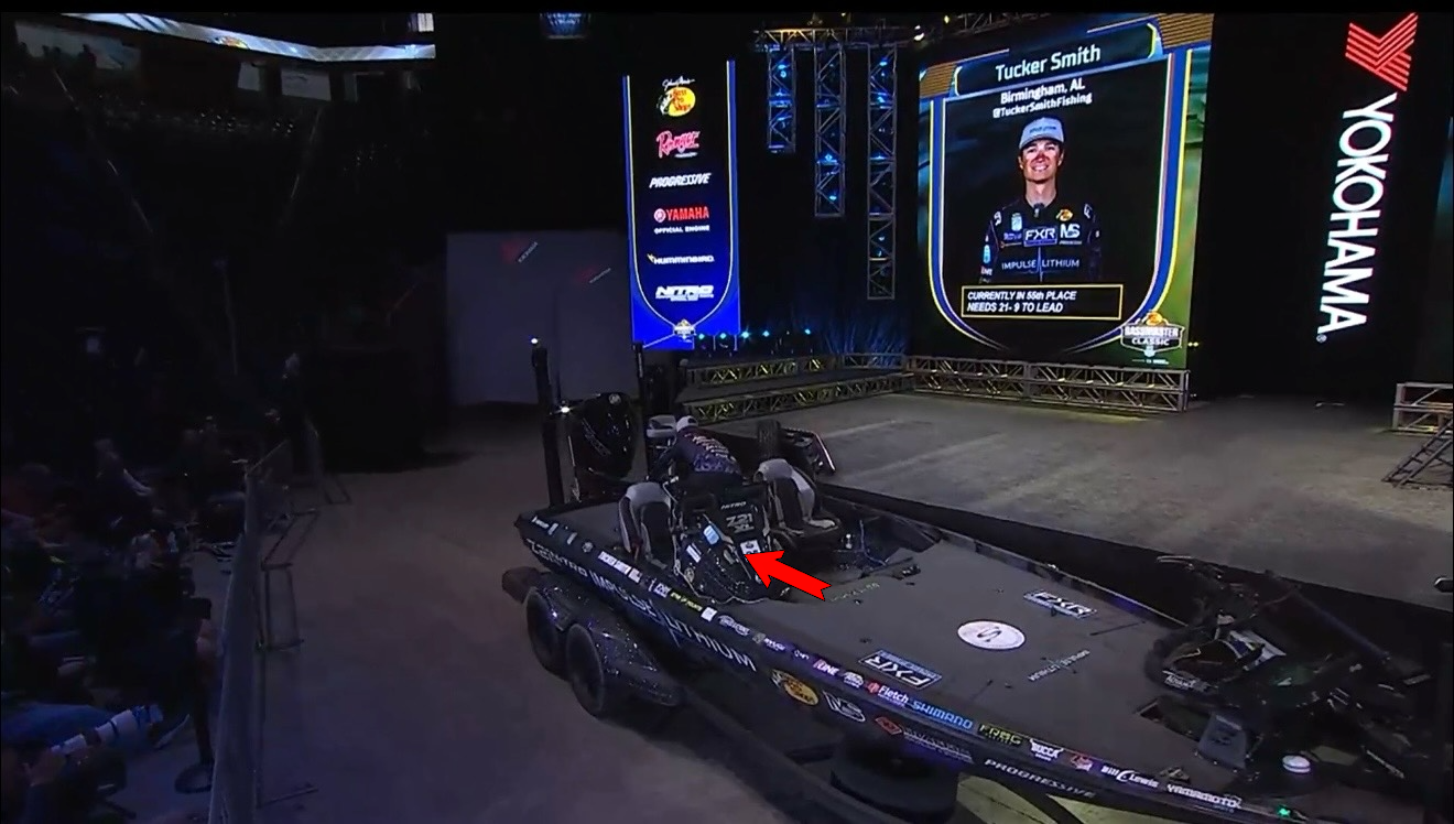 Tucker Smith boat on display at the Bassmaster Classic with the Guntersville Bass Guides decal visible