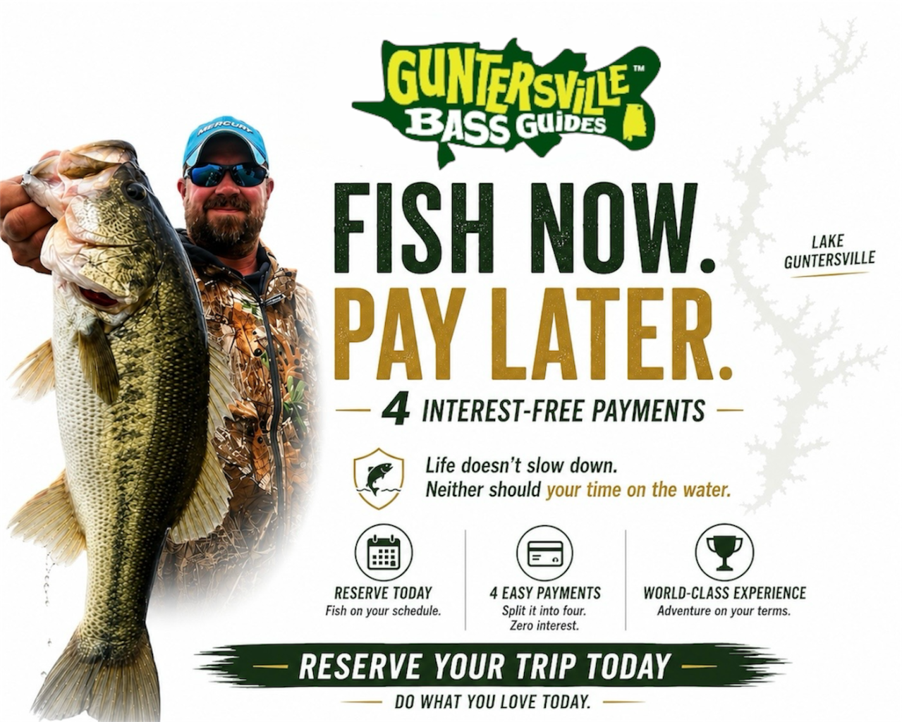 Fish Now Pay Later guided bass fishing trips on Lake Guntersville